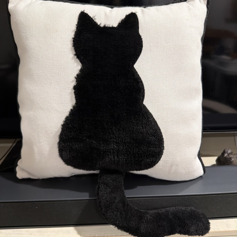 Vtg Furry 13" Black Cat Pillow 3-D Tail. Halloween. Black Kitty. Cat Lover Goth